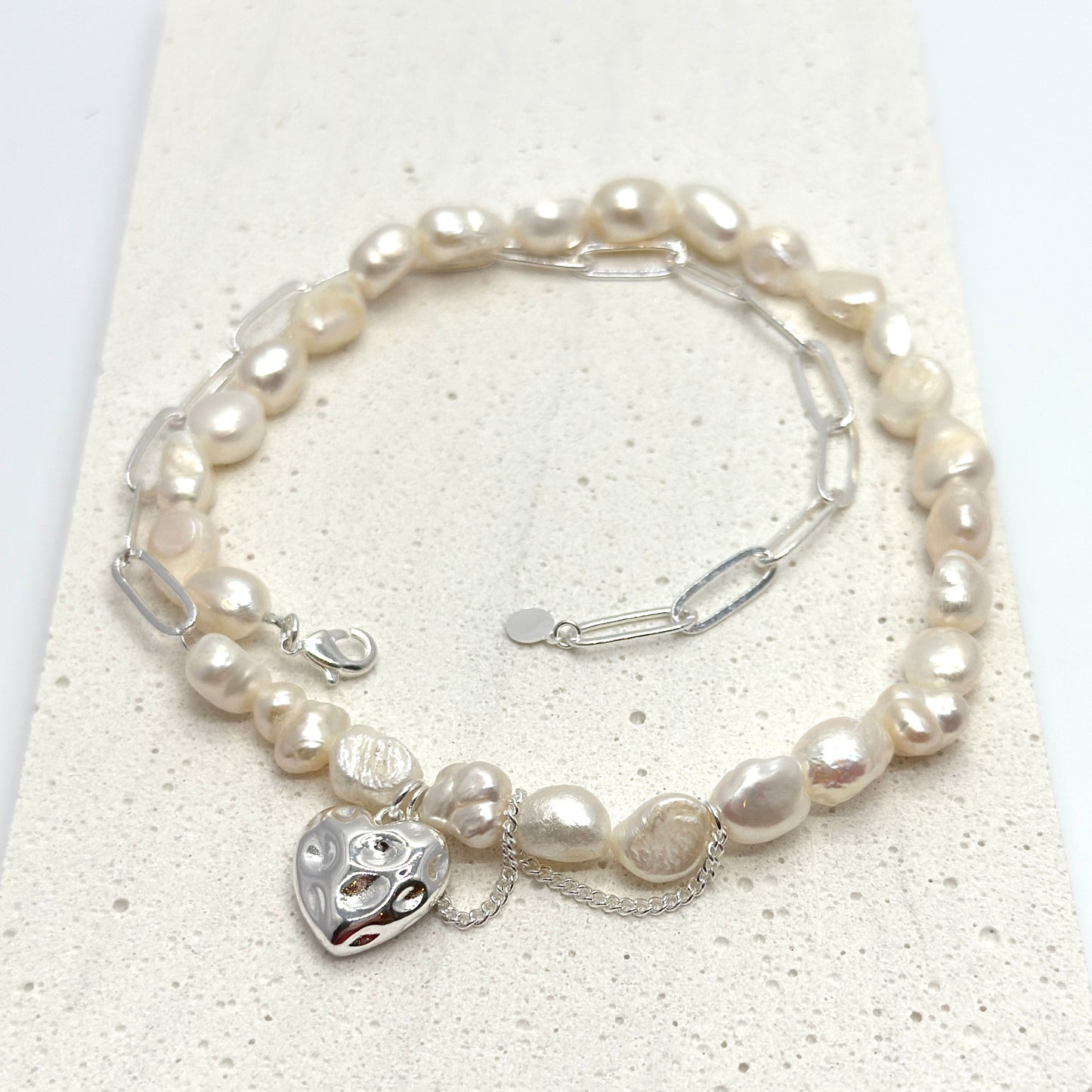 Pearl & Silver Heart Charm Necklace