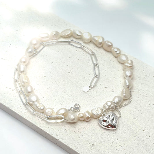 Pearl & Silver Heart Charm Necklace