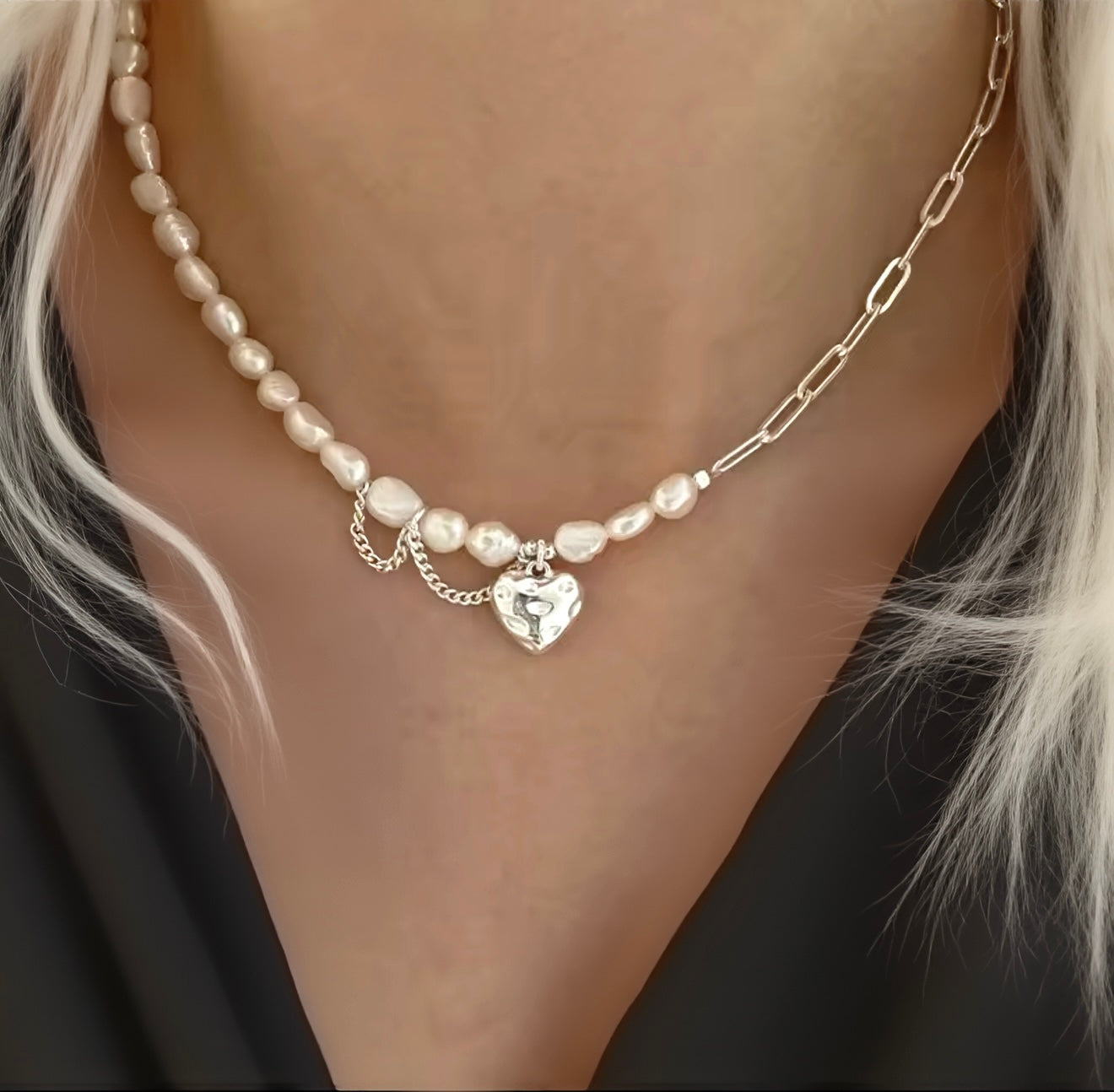 Pearl & Silver Heart Charm Necklace